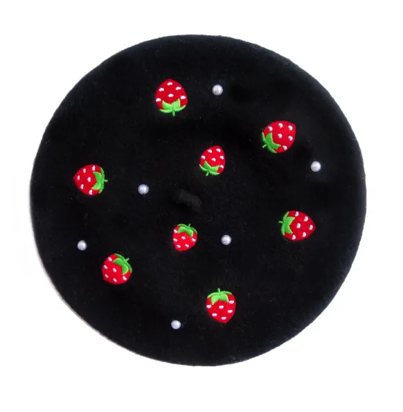 Strawberry Beret Embroidered With Pearls - MULTIPLE COLORS AVAILABLE