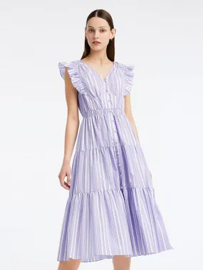 Stripe Pleated Fly Sleeve Midi Dress