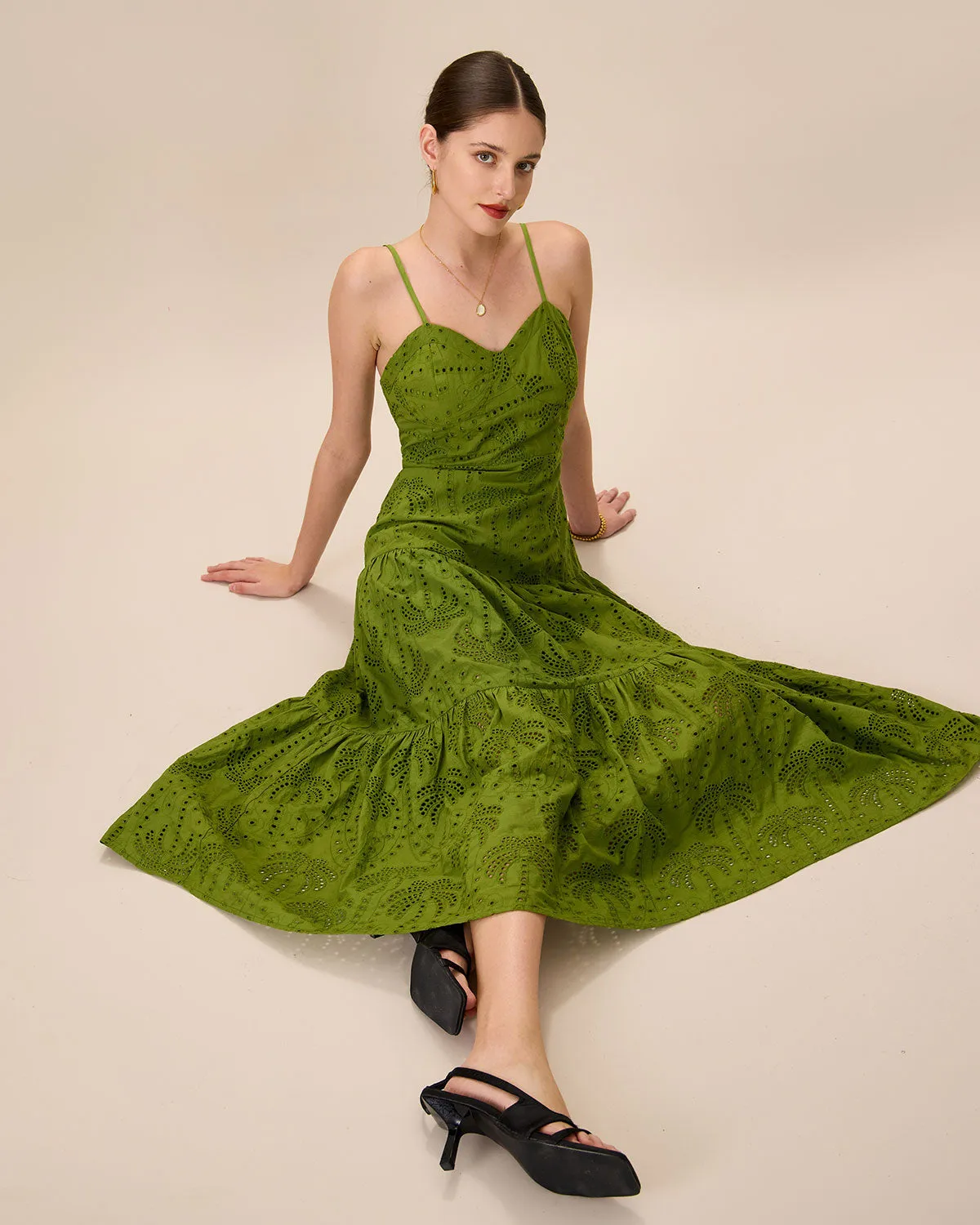 The Green Sweetheart Neck Embroidery Slip Midi Dress