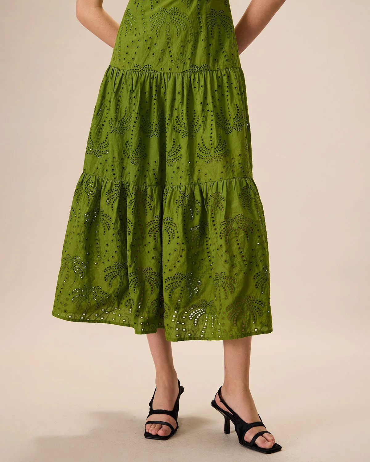 The Green Sweetheart Neck Embroidery Slip Midi Dress