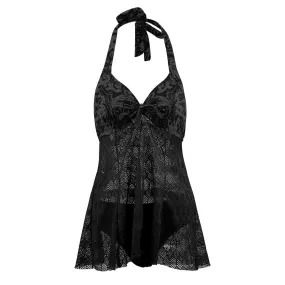 Vampire Art Goth Halter Two Piece Mesh Tankini Swimsuit - Black Grunge Damask