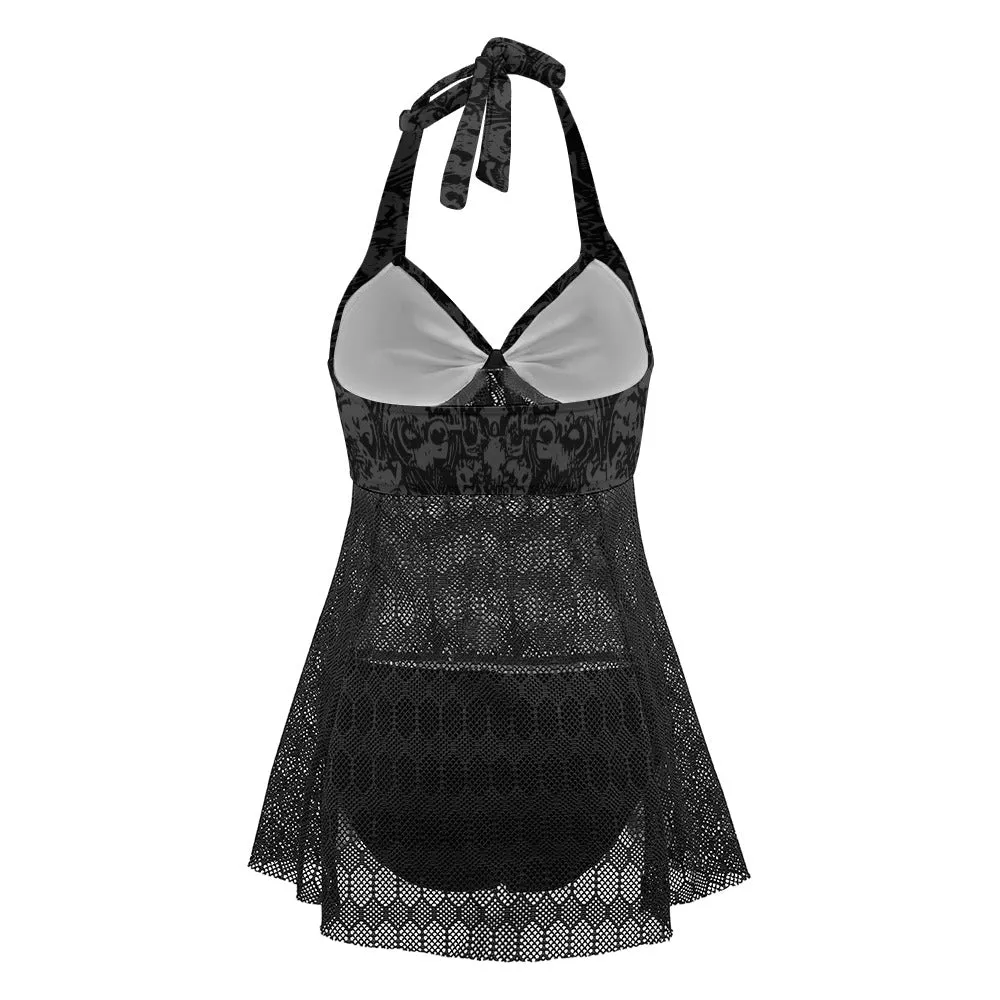 Vampire Art Goth Halter Two Piece Mesh Tankini Swimsuit - Black Grunge Damask