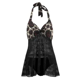 Vampire Art Goth Halter Two Piece Mesh Tankini Swimsuit - Black Roses