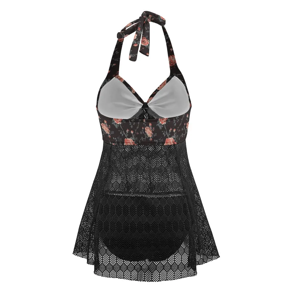 Vampire Art Goth Halter Two Piece Mesh Tankini Swimsuit - Classic Roses