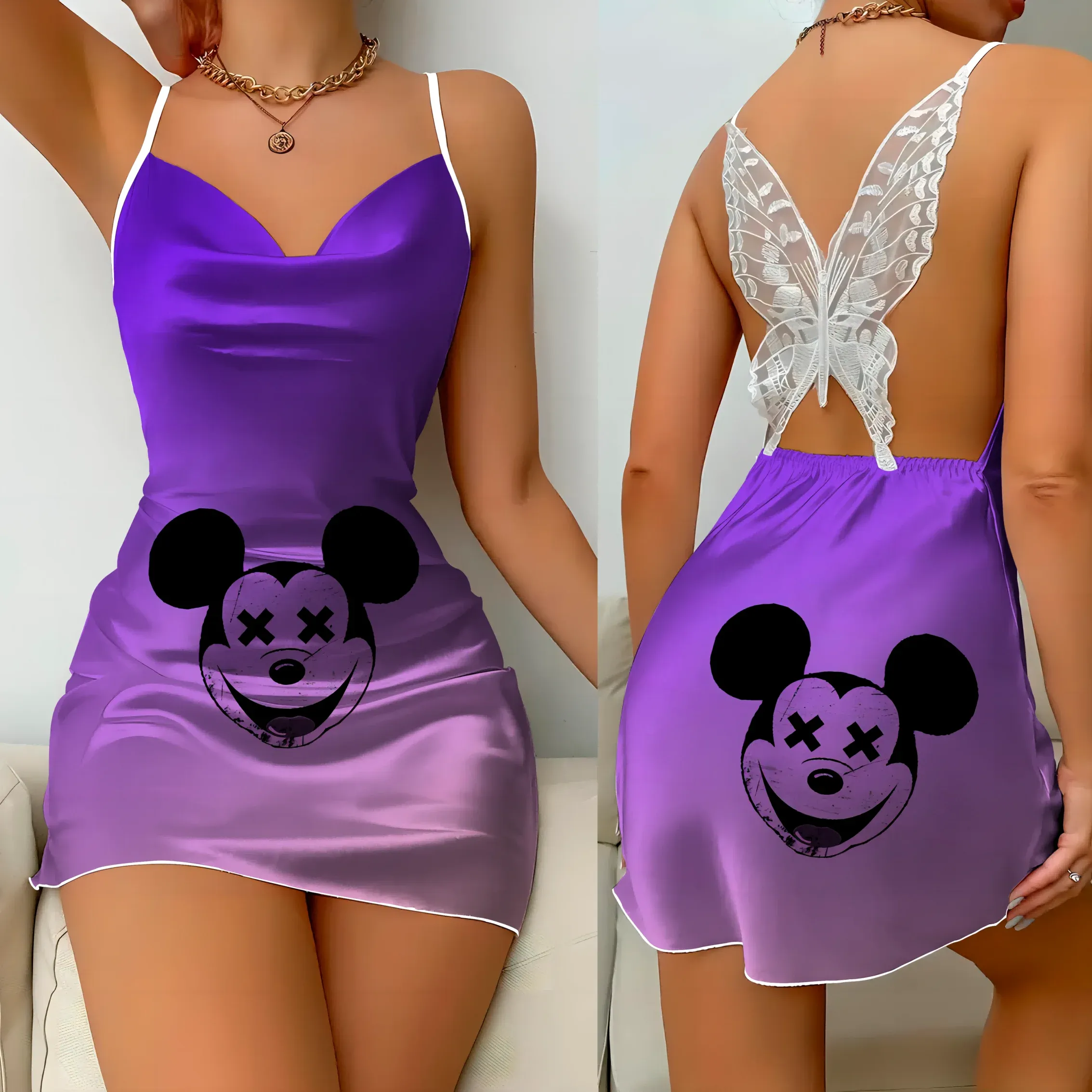 Womens Dresses Slip Dress Pajama Skirt Satin Surface Minnie Mouse Disney Bow Knot Mickey Fashion Summer 2024 Elegant Women Party