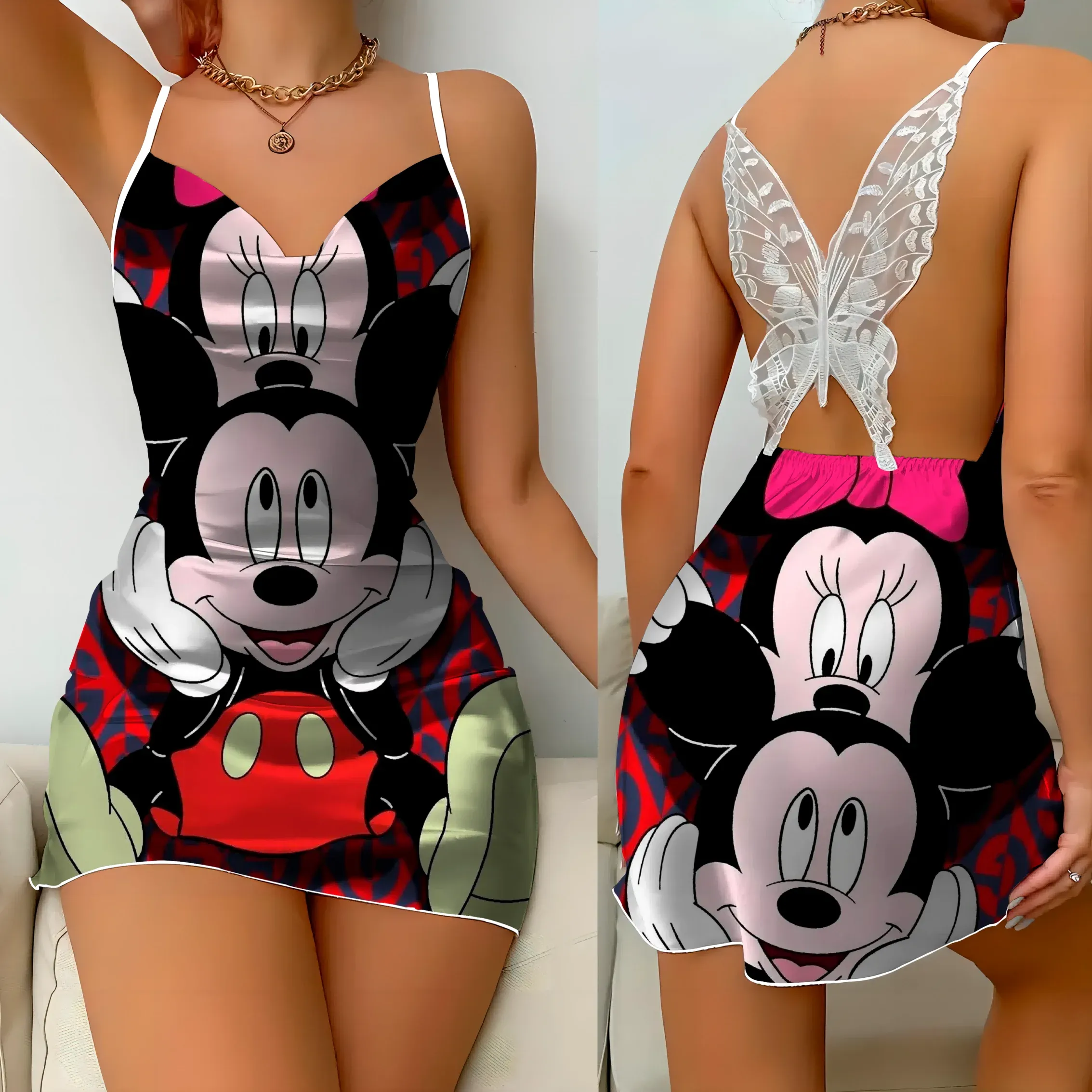 Womens Dresses Slip Dress Pajama Skirt Satin Surface Minnie Mouse Disney Bow Knot Mickey Fashion Summer 2024 Elegant Women Party