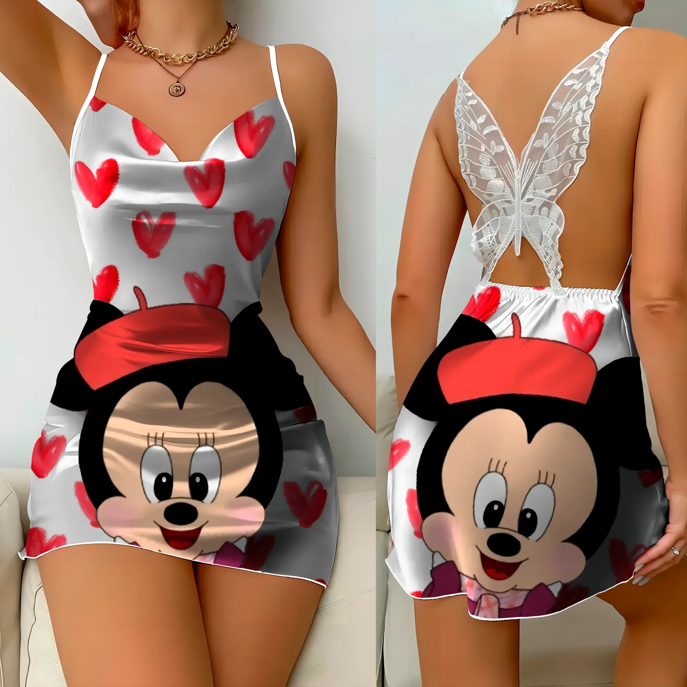 Womens Dresses Slip Dress Pajama Skirt Satin Surface Minnie Mouse Disney Bow Knot Mickey Fashion Summer 2024 Elegant Women Party