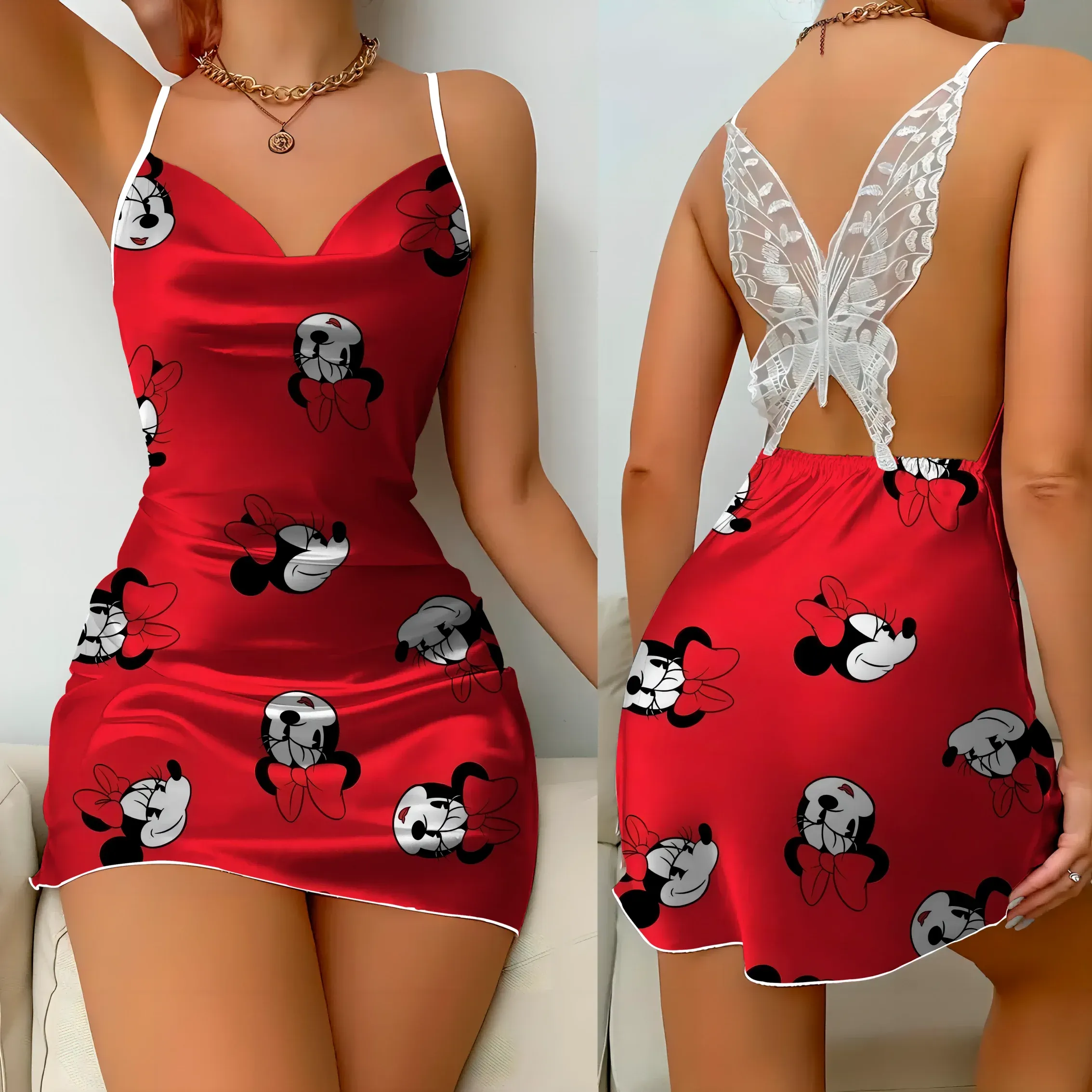 Womens Dresses Slip Dress Pajama Skirt Satin Surface Minnie Mouse Disney Bow Knot Mickey Fashion Summer 2024 Elegant Women Party