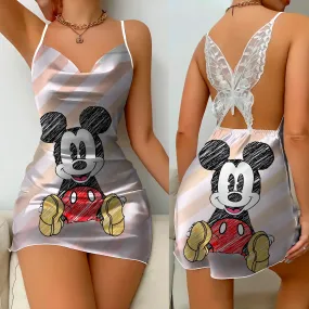 Womens Dresses Slip Dress Pajama Skirt Satin Surface Minnie Mouse Disney Bow Knot Mickey Fashion Summer 2024 Elegant Women Party