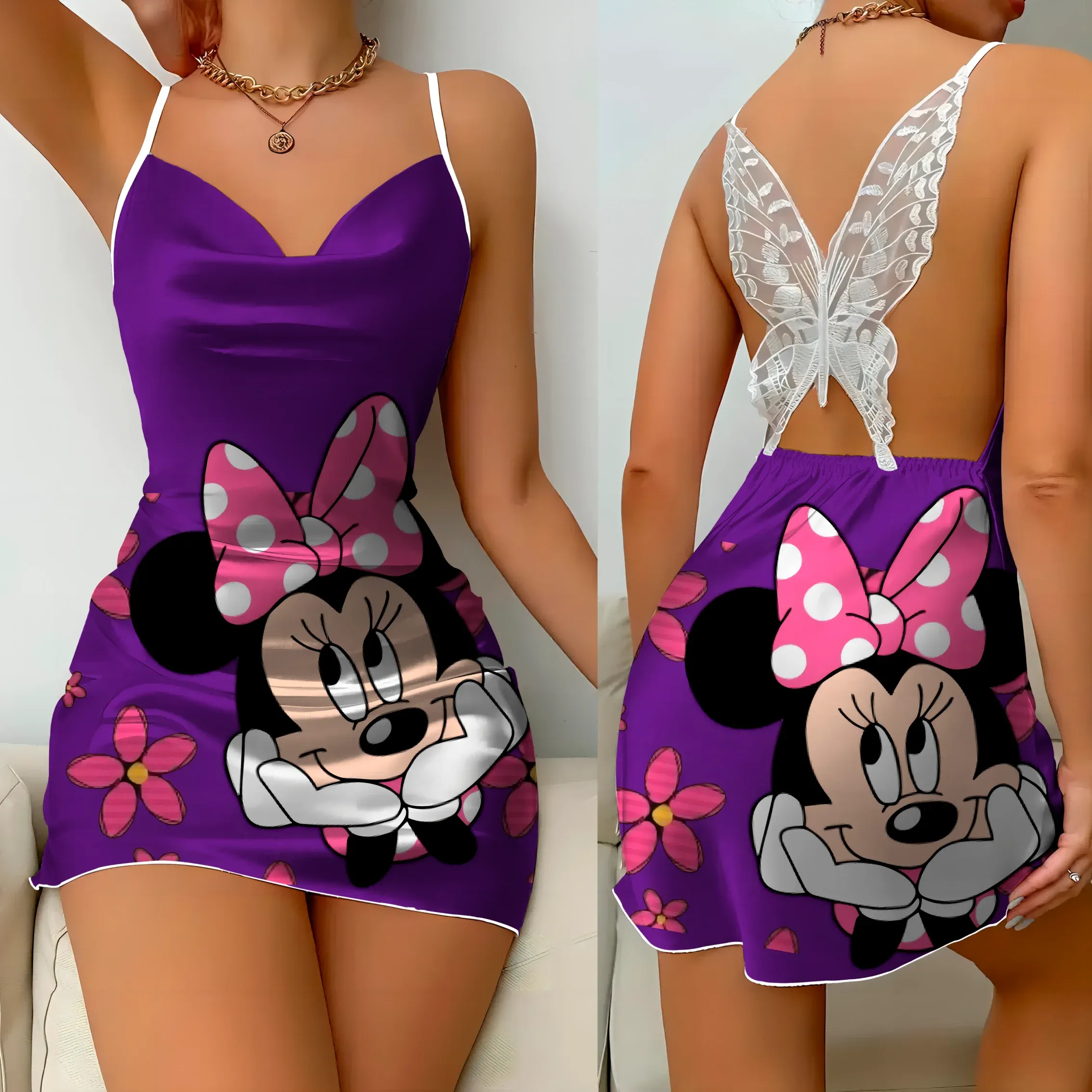 Womens Dresses Slip Dress Pajama Skirt Satin Surface Minnie Mouse Disney Bow Knot Mickey Fashion Summer 2024 Elegant Women Party